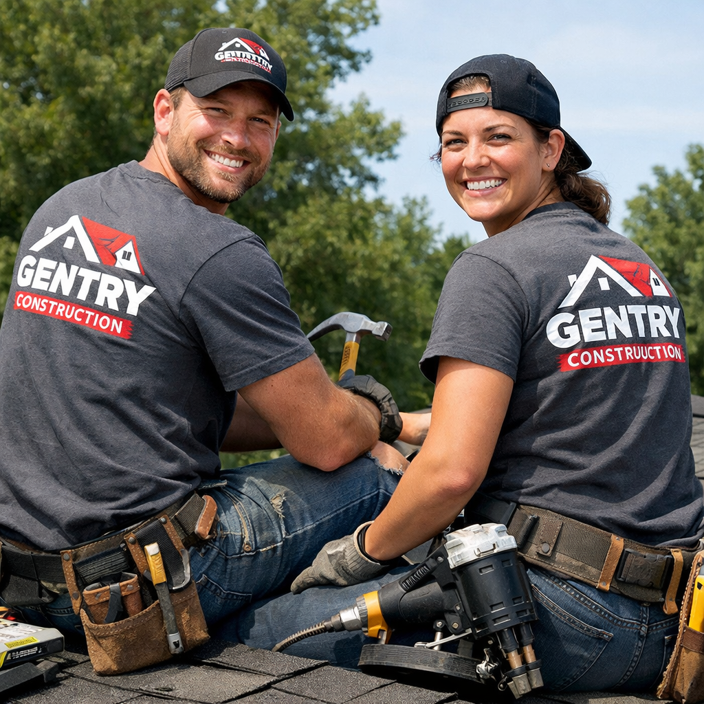Gentry Construction team of roofers smiling on a rooftop